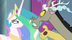 Size: 1920x1080 | Tagged: safe, screencap, discord, princess celestia, alicorn, pony, the beginning of the end, smuglestia