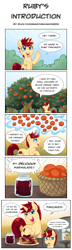 Size: 1046x3638 | Tagged: safe, artist:bloodorangepancakes, applejack, oc, oc:ruby pancakes, earth pony, pony, comic, food, marmalade, orange, orange tree, pancakes