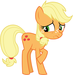 Size: 3017x3089 | Tagged: safe, artist:cloudyglow, artist:yanoda, applejack, earth pony, pony, where the apple lies, .ai available, freckles, raised hoof, rubbing, sad, simple background, solo, teenage applejack, transparent background, unhapplejack, upset, vector, younger