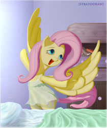 Size: 1024x1220 | Tagged: safe, artist:stratodraw, fluttershy, pegasus, pony, bed, bipedal, clothes, female, mare, nightgown, open mouth, see-through, small eyes, smiling, solo, spread wings, stretching, wings