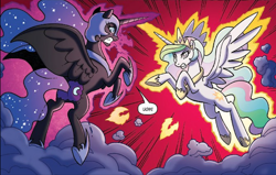 Size: 1504x955 | Tagged: safe, artist:tonyfleecs, idw, nightmare moon, princess celestia, alicorn, pony, spoiler:comic, spoiler:comicfiendshipismagic4, angry, crown, duo, ethereal mane, female, fight, hoof shoes, jewelry, mare, official comic, peytral, regalia, royal sisters, sisters, speech bubble, spread wings, starry mane, wings