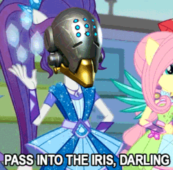 Size: 420x413 | Tagged: safe, edit, edited screencap, screencap, fluttershy, rarity, better together, equestria girls, super squad goals, animated, crossover, darling, geode of shielding, gif, obligatory pony, overwatch, zenyatta