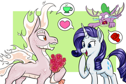 Size: 1800x1200 | Tagged: safe, artist:redahfuhrerking, rarity, spike, dragon, hybrid, longma, pony, unicorn, them's fightin' herds, background character, bouquet, community related, flower, jealous, mane of fire, this will end in a fight, this will not end well, winged spike