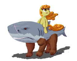 Size: 717x568 | Tagged: safe, artist:zicygomar, carrot top, golden harvest, bear, shark, duo, ponies riding bears, shark-bear, simple background, wat, what has science done, white background