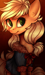 Size: 2835x4724 | Tagged: safe, artist:petrinox, applejack, earth pony, pony, alternate hairstyle, clothes, female, gradient background, mare, sitting, solo