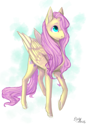 Size: 2893x4092 | Tagged: safe, artist:sketchiibeats, fluttershy, pegasus, pony, folded wings, hair over one eye, high res, looking up, raised hoof, solo, wings