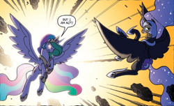 Size: 1674x1018 | Tagged: safe, artist:tonyfleecs, idw, nightmare moon, princess celestia, alicorn, pony, spoiler:comic, spoiler:comicfiendshipismagic4, angry, awesome, crown, duo, ethereal mane, female, fight, glowing eyes, hoof shoes, jewelry, mare, official comic, peytral, regalia, sisters, speech bubble, spread wings, starry mane, wings