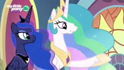 Size: 1920x1080 | Tagged: safe, screencap, princess celestia, princess luna, alicorn, pony, the beginning of the end, duo, ethereal mane, female, mare, raised hoof, royal sisters, sisters, starry mane