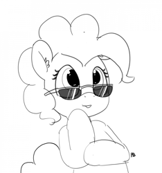 Size: 1280x1365 | Tagged: safe, artist:pabbley, pinkie pie, earth pony, pony, 30 minute art challenge, female, mare, monochrome, sketch, solo, sunglasses