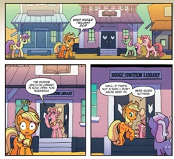Size: 1325x1208 | Tagged: safe, artist:tonyfleecs, idw, applejack, marian, earth pony, pony, spoiler:comic, spoiler:comicff33, book, comic, female, implied twilight sparkle, library, mare, official comic, that pony sure does love books