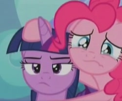 Size: 600x499 | Tagged: safe, derpibooru import, screencap, pinkie pie, twilight sparkle, twilight sparkle (alicorn), alicorn, earth pony, pony, tanks for the memories, crying, idgaf, unamused