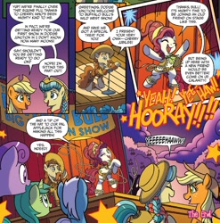 Size: 1360x1377 | Tagged: safe, artist:tonyfleecs, idw, applejack, buffalo bull (pony), calamity mane, cherry jubilee, earth pony, pony, spoiler:comic, spoiler:comicff33, braid, clothes, comic, cowboy hat, facial hair, female, hat, lasso, male, mare, moustache, official comic, rope, stallion