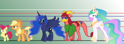 Size: 1800x650 | Tagged: safe, artist:andoanimalia, artist:cloudyglow, artist:estories, artist:fibs, artist:yanoda, apple bloom, applejack, princess celestia, princess luna, oc, oc:fibriel solaer, alicorn, dragon, earth pony, pony, female, male, size chart, size comparison, vector