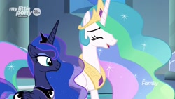 Size: 1920x1080 | Tagged: safe, screencap, princess celestia, princess luna, alicorn, pony, the beginning of the end, duo, ethereal mane, eyes closed, female, laughing, mare, royal sisters, sisters, starry mane