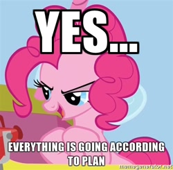 Size: 500x490 | Tagged: safe, edit, edited screencap, screencap, pinkie pie, earth pony, pony, fall weather friends, all according to keikaku, caption, cropped, death note, female, gendo pose, hooves together, image macro, just as planned, lidded eyes, meme, open mouth, raised hoof, reaction image, solo