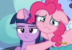 Size: 1531x1071 | Tagged: safe, derpibooru import, screencap, pinkie pie, twilight sparkle, twilight sparkle (alicorn), alicorn, earth pony, pony, tanks for the memories, crying, female, mare, sad, twilight is not amused, unamused