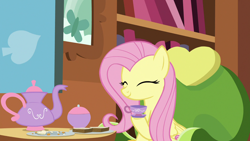 Size: 1280x720 | Tagged: safe, screencap, fluttershy, pegasus, pony, discordant harmony, cup, cute, eyes closed, female, food, mare, sandwich crust, shyabetes, smiling, solo, teacup, teapot