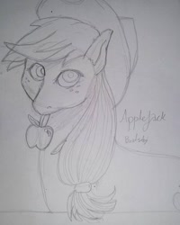 Size: 640x800 | Tagged: safe, artist:beatsubi, applejack, earth pony, pony, apple, black and white, cute, drawing, food, grayscale, looking at you, monochrome, scratches, scratching, solo, traditional art