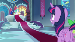 Size: 2000x1124 | Tagged: safe, screencap, princess celestia, princess luna, spike, twilight sparkle, twilight sparkle (alicorn), alicorn, dragon, pony, the beginning of the end, canterlot castle, canterlot throne room, carpet, ethereal mane, female, mare, nervous, royal sisters, stained glass, throne, throne room