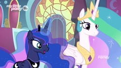 Size: 1920x1080 | Tagged: safe, screencap, princess celestia, princess luna, alicorn, pony, the beginning of the end, duo, ethereal mane, female, magic, mare, royal sisters, sisters, smiling, starry mane