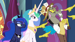 Size: 2000x1124 | Tagged: safe, screencap, discord, princess celestia, princess luna, alicorn, draconequus, pony, the beginning of the end, clasped hands, clothes, cute, discute, disembodied hand, ethereal mane, eyelashes, female, floating limbs, grin, hand, hat, male, mare, pointing at self, press hat, reporter, royal sisters, sisters, smiling, starry mane, suit, trio