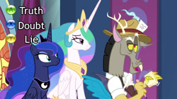 Size: 1280x720 | Tagged: safe, edit, edited screencap, screencap, discord, princess celestia, princess luna, alicorn, pony, the beginning of the end, hat, l.a. noire, meme, notebook