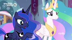 Size: 1366x768 | Tagged: safe, screencap, princess celestia, princess luna, alicorn, pony, the beginning of the end, canterlot castle, female, mare, royal sisters, sisters