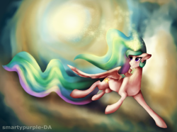 Size: 1419x1056 | Tagged: safe, artist:smartypurple, princess celestia, alicorn, pony, cloud, flying, magic