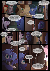 Size: 1240x1754 | Tagged: safe, artist:lunarcakez, princess celestia, princess luna, oc, alicorn, earth pony, pony, comic:the origins of hollow shades, cloak, clothes, comic, female, male, mare, pink-mane celestia, s1 luna, stallion