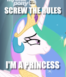 Size: 785x917 | Tagged: safe, edit, edited screencap, screencap, princess celestia, alicorn, pony, the beginning of the end, caption, cropped, image macro, lidded eyes, reference, screw the rules, smuglestia, solo, text, yugioh abridged