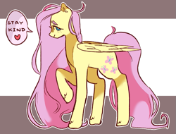 Size: 847x643 | Tagged: safe, artist:milky-rabbit, fluttershy, pegasus, pony, dialogue, female, folded wings, heart, looking at you, mare, profile, raised hoof, smiling, solo, unshorn fetlocks