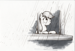 Size: 2000x1367 | Tagged: safe, artist:ecmonkey, applejack, earth pony, pony, grayscale, hatless, missing accessory, monochrome, rain, solo, traditional art, window