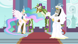 Size: 1920x1080 | Tagged: safe, artist:swiftgaiathebrony, discord, princess celestia, alicorn, pony, canterlot castle, clothes, couple, crossdressing, dislestia, dress, female, male, marriage, shipping, straight, wedding, wedding dress