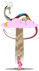 Size: 1280x2345 | Tagged: safe, artist:grievousfan, discord, fluttershy, pinkie pie, draconequus, earth pony, pegasus, pony, chocolate, chocolate rain, cloud, cotton candy, cotton candy cloud, drinking, female, food, hooves, horns, male, mare, on a cloud, open mouth, pink cloud, rain, simple background, sitting on cloud, transparent background, wings