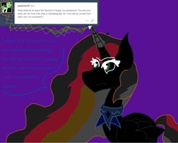 Size: 1161x932 | Tagged: safe, artist:eeveeglaceon, princess celestia, oc, alicorn, changeling, pony, armor, ask, blast, changeling oc, civil war, color change, convertion spell, correstia, corrupted, corrupted celestia, corruptia, darkened coat, deranged, divided equestria, female, glowing horn, green eyes, inversion spell, invert princess celestia, inverted, inverted changeling oc, inverted colors, inverted princess celestia, madness, magic, magic blast, missing sister, possessed, possesstia, purple background, rainbow hair, scary, sidemouth, simple background, solo, tumblr, tumblr:the sun has inverted, violet background, word balloon, word bubble