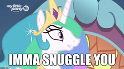 Size: 888x499 | Tagged: safe, edit, edited screencap, screencap, princess celestia, alicorn, pony, the beginning of the end, caption, evil grin, grin, image macro, imma snuggle you, smiling, solo, text, this will end in hape, this will end in snuggles