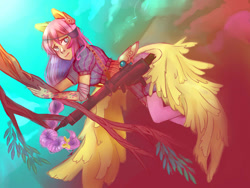 Size: 1600x1200 | Tagged: safe, artist:cipni, fluttershy, human, bandage, blushing, braid, butt wings, clothes, cutie mark, eyepatch, fake ears, gun, humanized, long hair, looking at you, outdoors, pink hair, sky, solo, spread wings, tree, tree branch, weapon, winged humanization, wings