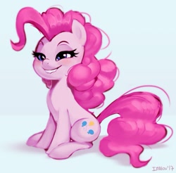 Size: 1145x1125 | Tagged: safe, artist:imalou, pinkie pie, earth pony, pony, bedroom eyes, female, lip bite, mare, simple background, sitting, solo, white background