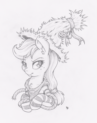 Size: 790x1000 | Tagged: safe, artist:dfectivedvice, applejack, earth pony, pony, bandana, chest fluff, clothes, ear fluff, grayscale, hat, monochrome, prone, rope, socks, solo, striped socks, traditional art