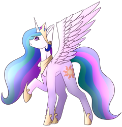 Size: 1777x1849 | Tagged: safe, artist:amcirken, princess celestia, alicorn, pony, cutie mark, ethereal mane, female, hoof shoes, jewelry, looking up, mare, one wing out, raised hoof, regalia, simple background, solo, transparent background