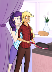 Size: 1819x2496 | Tagged: safe, artist:proppane, applejack, rarity, human, female, food, humanized, lesbian, pan, pancakes, rarijack, shipping