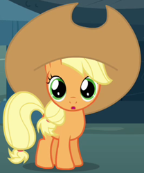 Size: 265x318 | Tagged: safe, screencap, apple bloom, applejack, earth pony, pony, magic duel, applejack bloom, disguise, outfit catalog, solo, younger