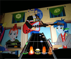 Size: 683x570 | Tagged: safe, crimson napalm, flash sentry, thunderbass, equestria girls, equestria girls (movie), background human, guitar hero, helping twilight win the crown, rhythm game