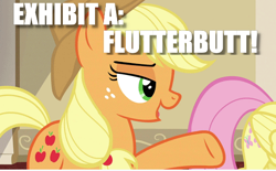 Size: 540x334 | Tagged: safe, edit, edited screencap, screencap, applejack, fluttershy, earth pony, pegasus, pony, caption, female, image macro, mare, meme, pointing