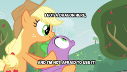 Size: 1280x720 | Tagged: safe, screencap, applejack, spike, dragon, earth pony, pony, apple family reunion, behaving like a weapon, discworld, duo, female, fire breath, flamethrower, flamethrower spike, image macro, male, mare, meme, movie quote, movie reference, parody, shrek, sparks, text, zippo spike