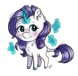 Size: 1299x1264 | Tagged: safe, artist:lightisanasshole, rarity, pony, unicorn, blushing, cheek fluff, chest fluff, chibi, colored hooves, curved horn, ear fluff, ear piercing, earring, eyeshadow, horn, jewelry, levitation, magic, makeup, piercing, redesign, simple background, solo, sticker, telekinesis, transparent background