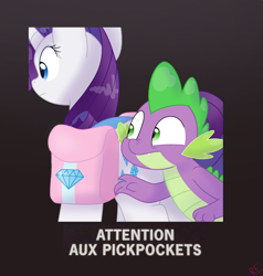 Size: 1580x1657 | Tagged: safe, rarity, spike, dragon, pony, unicorn, bag, diamond, faic, female, french, frown, male, pickpocketing, saddle bag, stealing, text, this will not end well