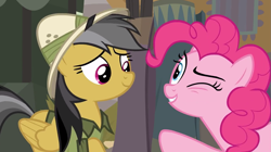 Size: 1275x715 | Tagged: safe, screencap, daring do, pinkie pie, earth pony, pony, daring done?, one eye closed, wink