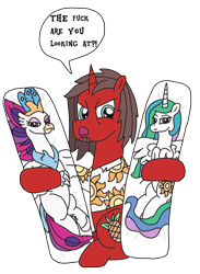 Size: 1458x1991 | Tagged: safe, artist:supahdonarudo, princess celestia, queen novo, oc, oc:ironyoshi, alicorn, pony, unicorn, my little pony: the movie, angry, bedroom eyes, body pillow, clothes, exclamation point, holding, interrobang, question mark, shirt, simple background, speech, speech bubble, swearing, transparent background, vulgar