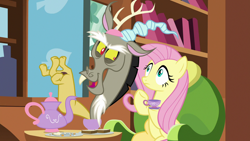 Size: 1280x720 | Tagged: safe, screencap, discord, fluttershy, pegasus, pony, discordant harmony, cup, sandwich crust, teacup, teapot